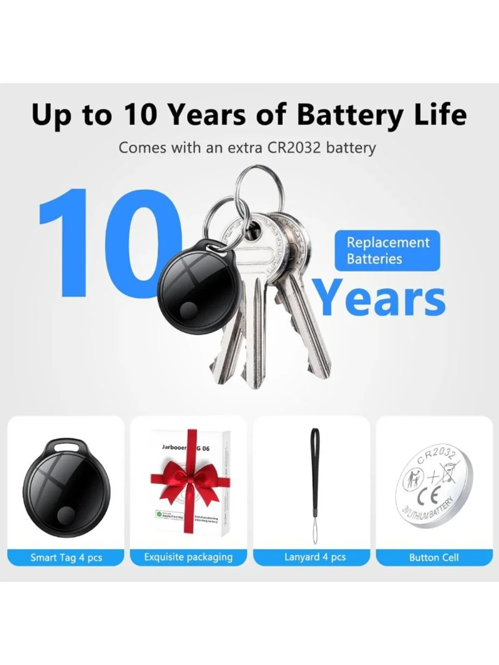Smart Bluetooth Tracker Tags - 4 Pack, Waterproof, Replaceable Battery, Key